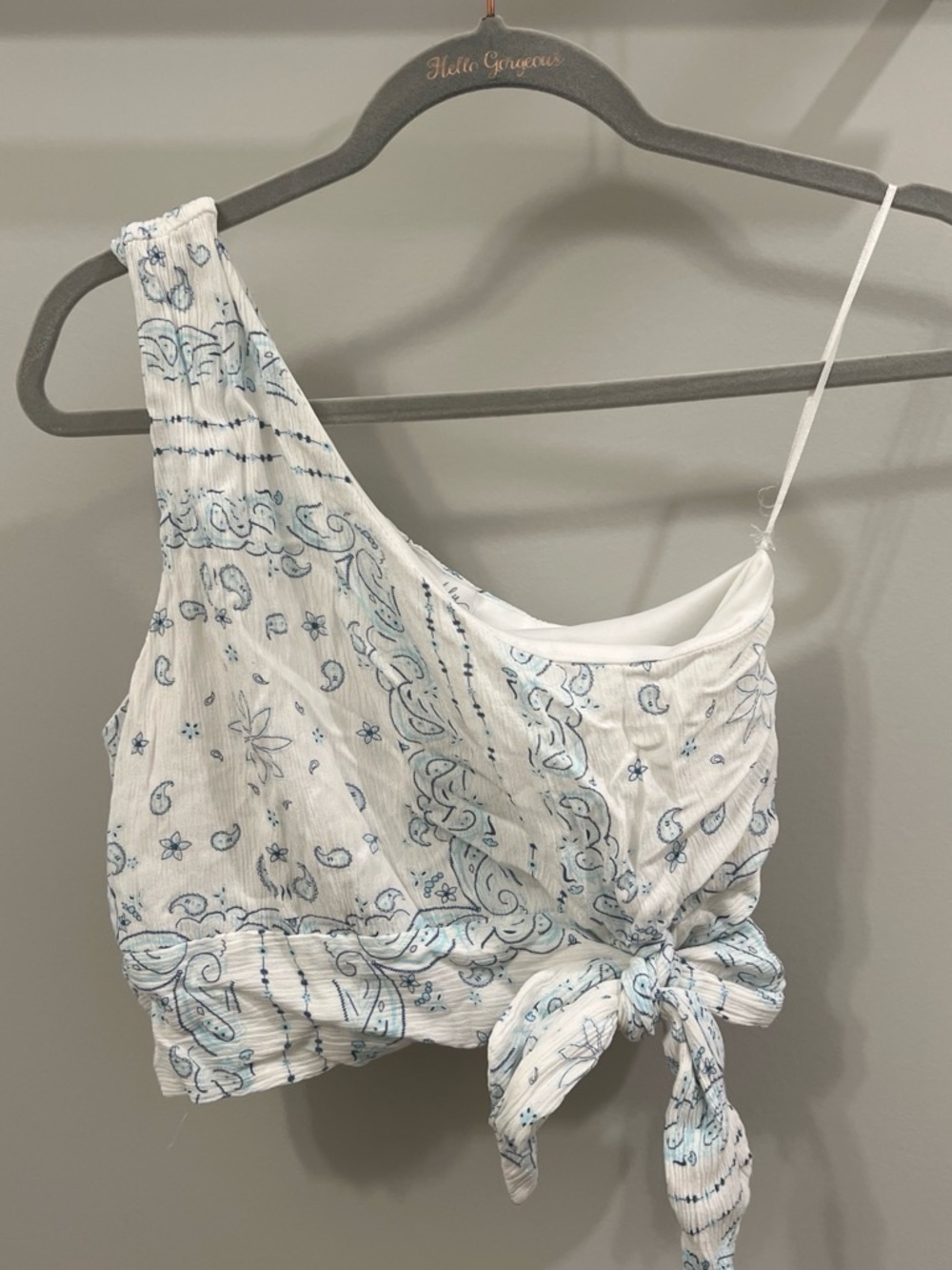 South Moon Under White One-Shoulder Tie-Front Tank with Light Blue Paisley